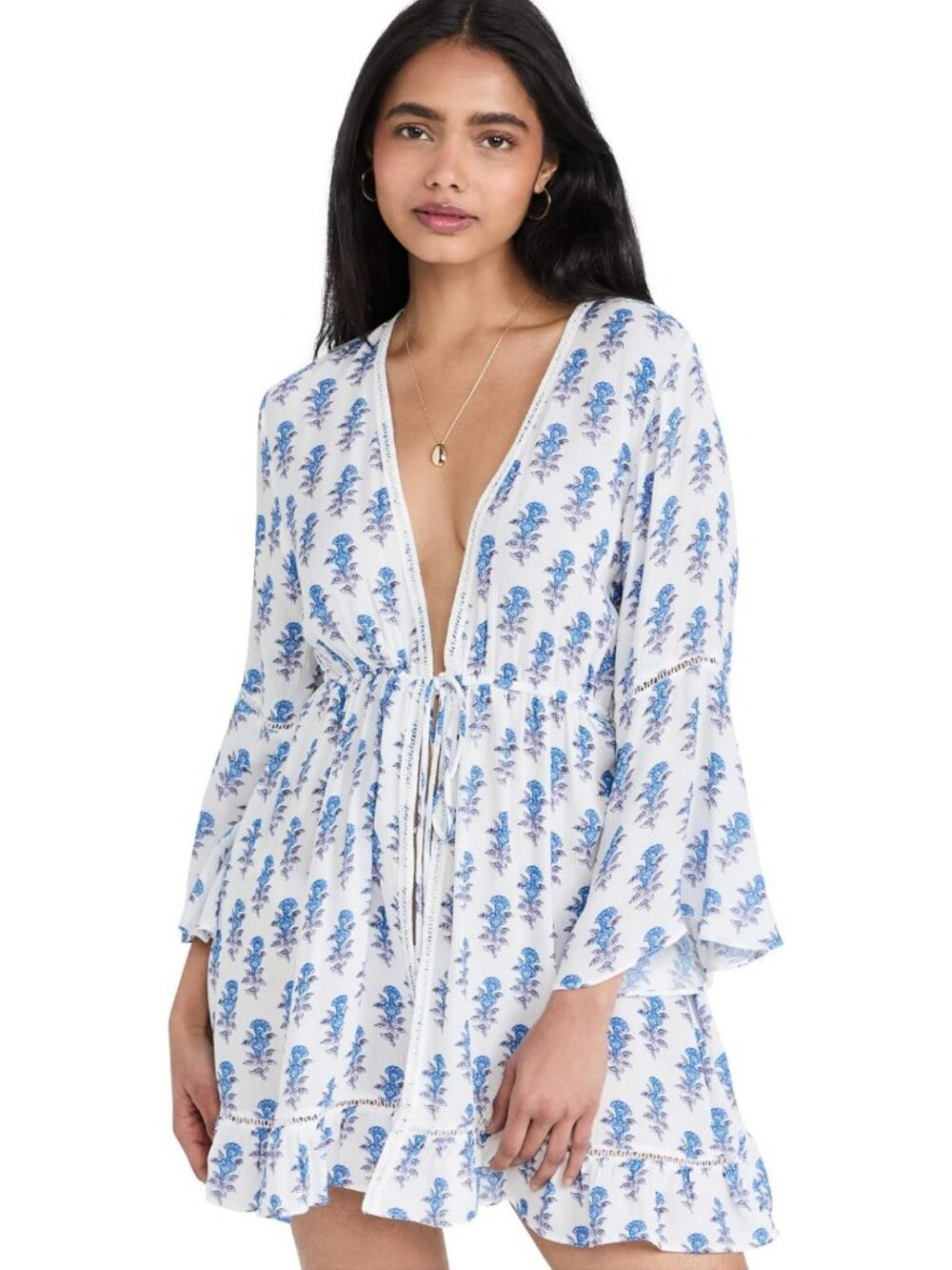 Chic Women's Mini Kimono Cover-Up Dress with Border Print - Perfect for Beach